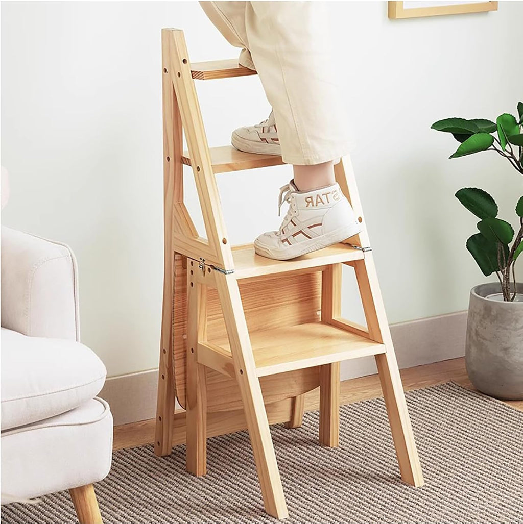 Solid Wood Folding Ladder Chair,2-in-1 Portable Wood Step Ladder,multi-functional Step Stool,folding Chair Display Storage Shelf For Home, Library, Kitchen(14.9"D x 13.7"W x 35.4"H, Light Walnut)