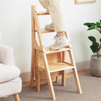 Solid Wood Folding Ladder Chair,2-in-1 Portable Wood Step Ladder,multi-functional Step Stool,folding Chair Display Storage Shelf For Home, Library, Kitchen(14.9"D x 13.7"W x 35.4"H, Light Walnut)