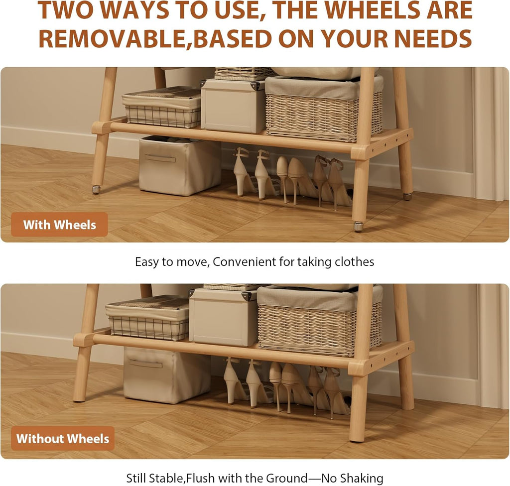 Solid Wood Clothing Rack, Rolling Clothes Rack for Hanging Clothes, Garment Rack with Shelves Load 350 Lbs, Portable Closet Organizer on Wheels for Hanging Clothes (Natural)