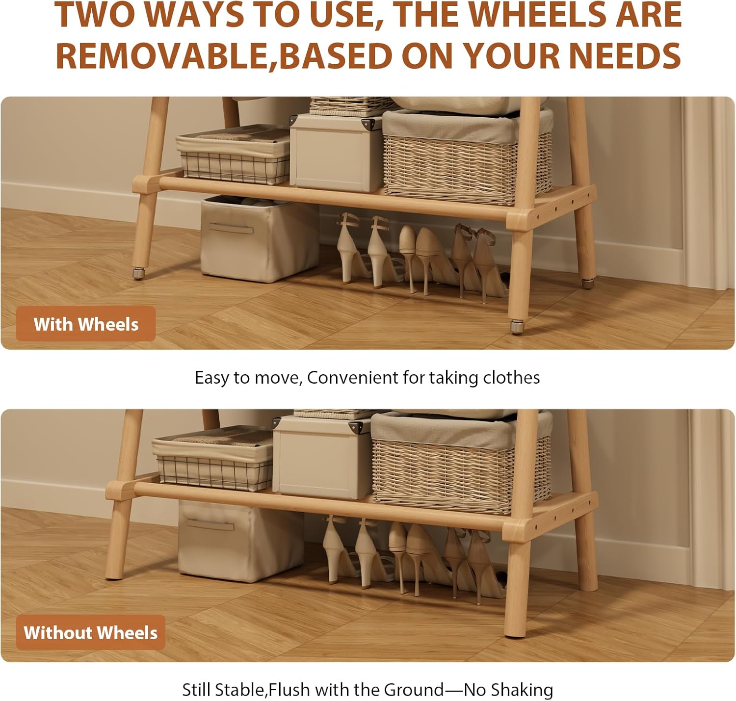 Solid Wood Clothing Rack, Rolling Clothes Rack for Hanging Clothes, Garment Rack with Shelves Load 350 Lbs, Portable Closet Organizer on Wheels for Hanging Clothes (Natural)