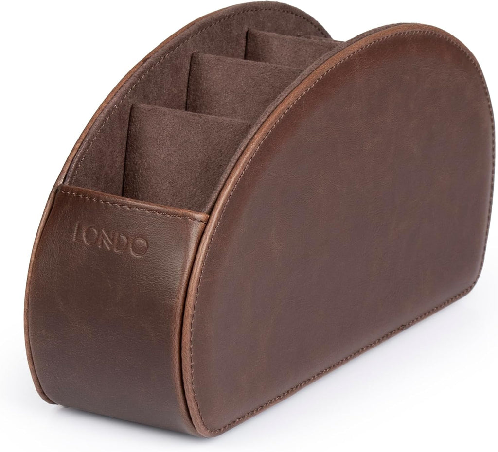 Londo Remote Control Holder with 5 Pockets - Store DVD, Blu-Ray, TV, Roku or Apple TV Remotes - PU Leather with Suede Lining - Slim, Compact Living or Bedroom Storage