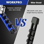 WORKPRO Magnetic Socket Organizer, 3/8-Inch Drive Aluminum Alloy Socket Rail, Heavy Duty Socket Holder, Socket Rack Kit 3/8-Inch x 10 Clips (Blue)