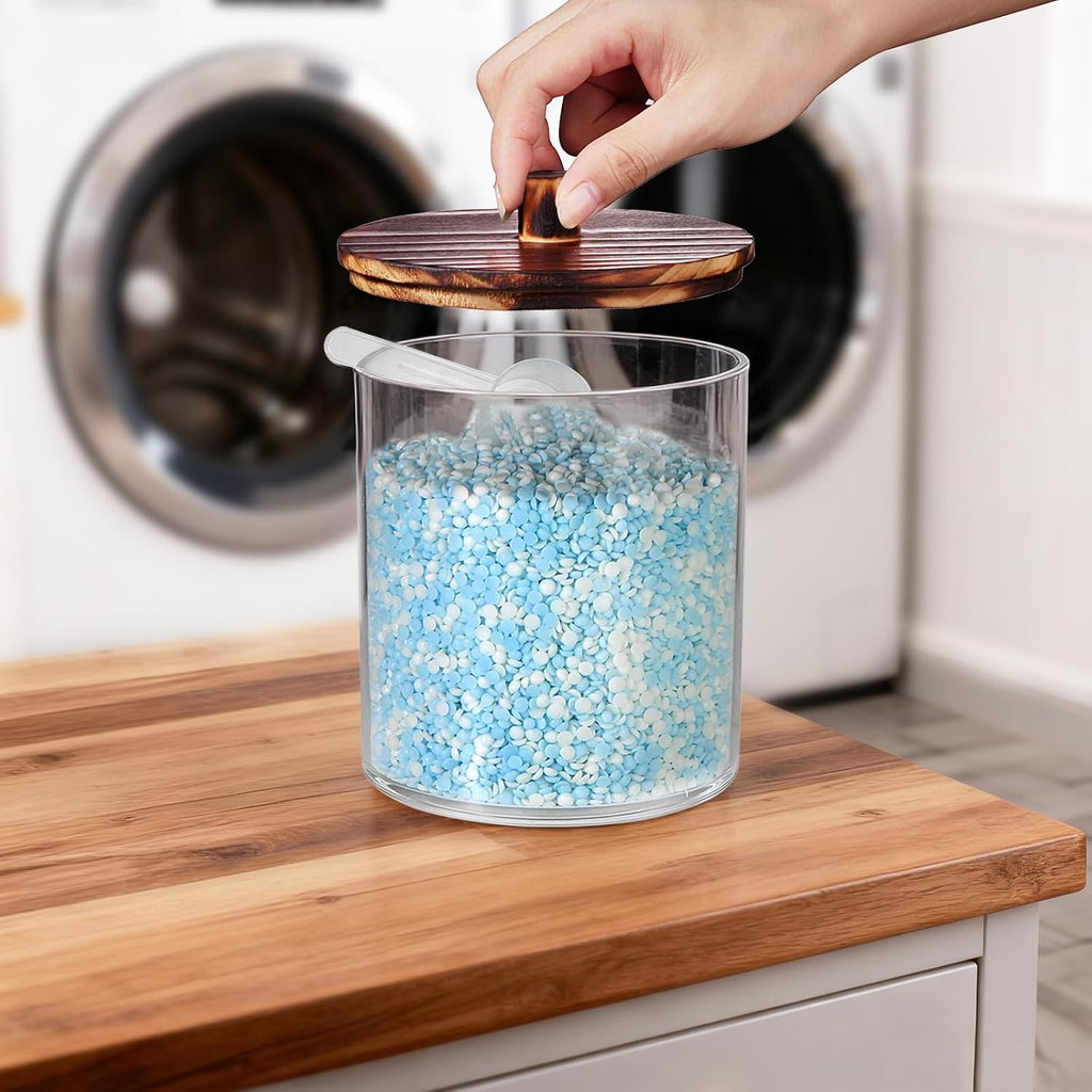 SheeChung 2 Pack 50 Oz Large Apothecary Jar with Wood Lid, Laundry Pods Container, Storage Jars for Bathroom Organization, Plastic Canisters with Cute Stickers Spoons(Dark Brown)