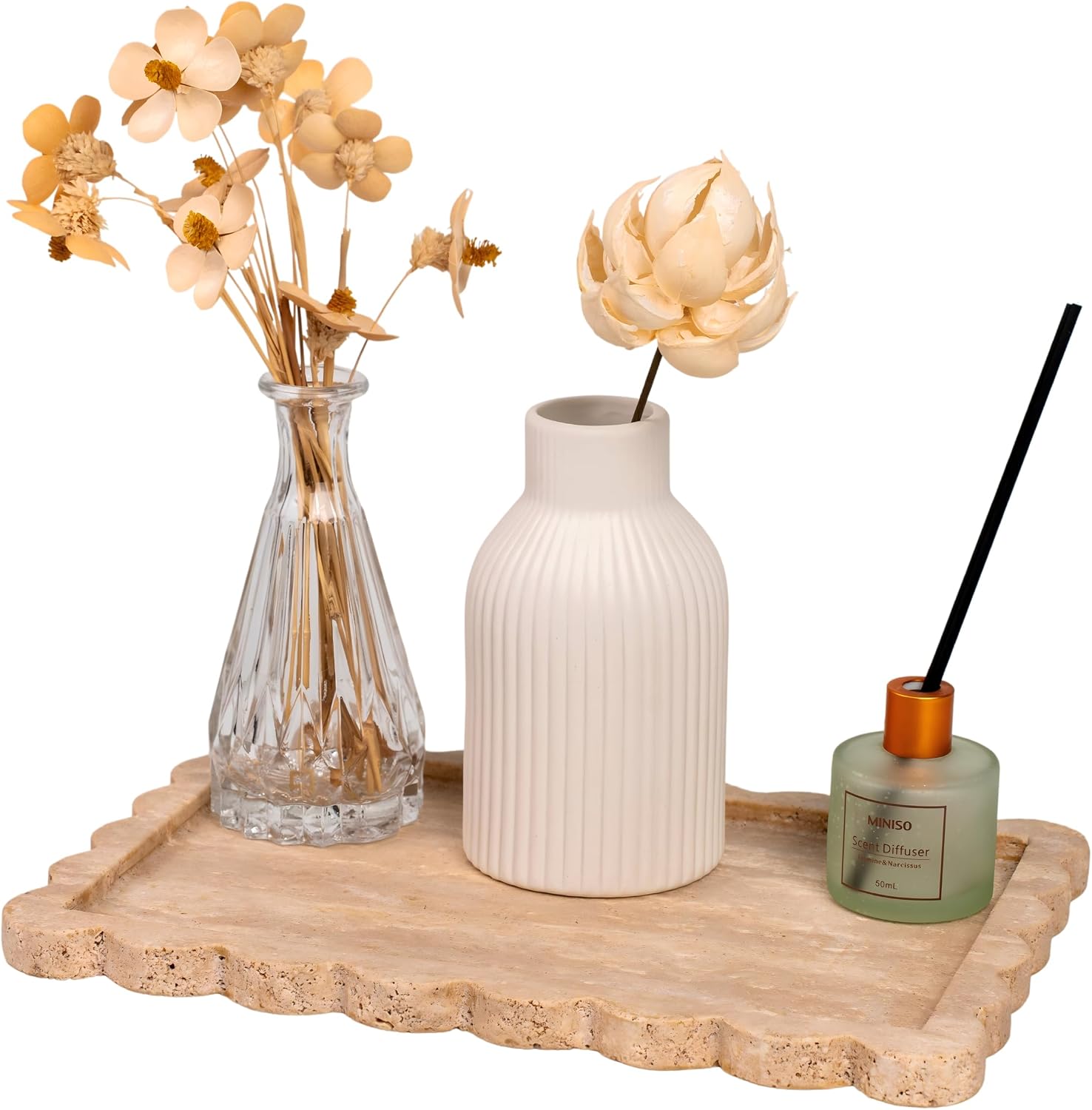 Real Luxurious Natural Marble Tray for Home Decor for Bathroom/Kitchen/Vanity/Dresser Non-Resin (Beige Travertine, 11.4"*7.8")