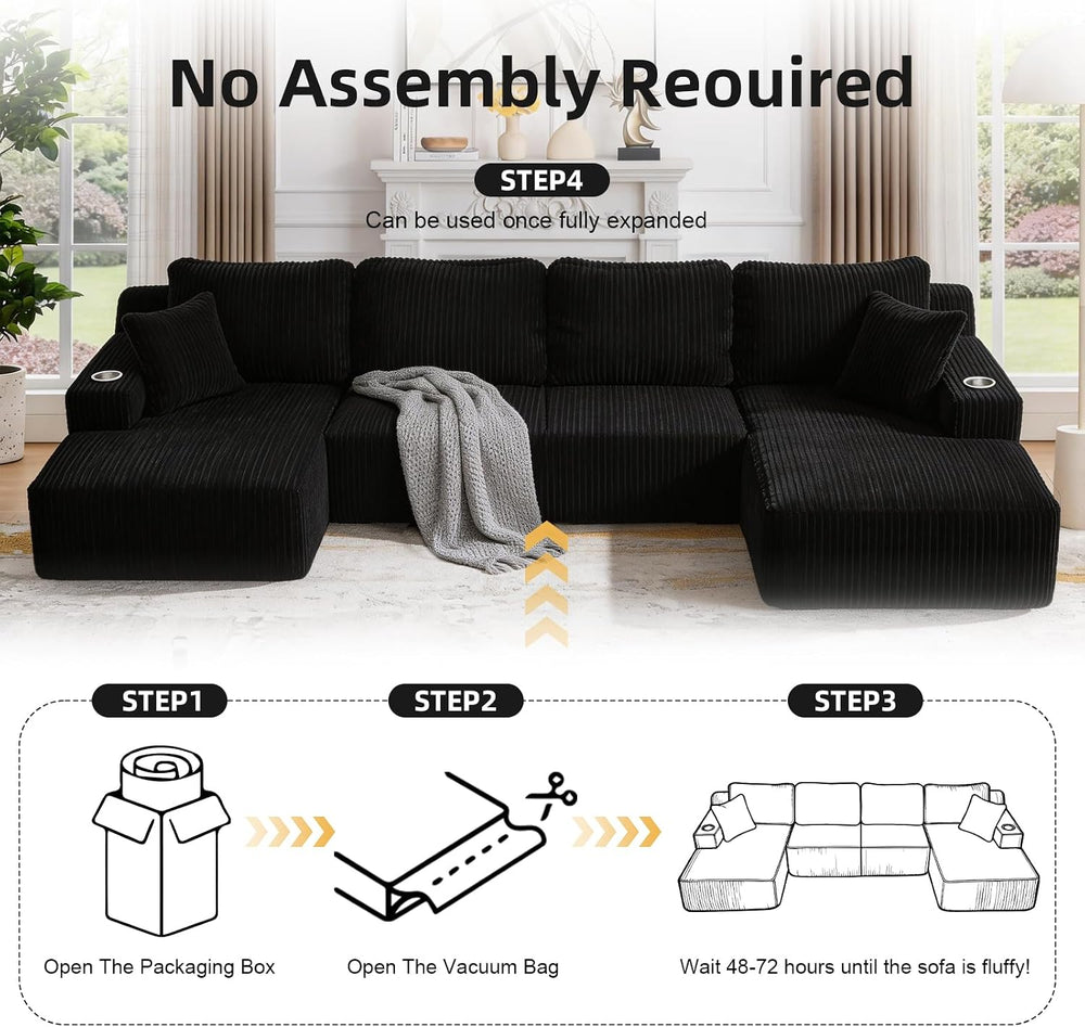 130" U-Shaped Modular Sectional Sofa with Chaise | Corduroy Flexible Mod...