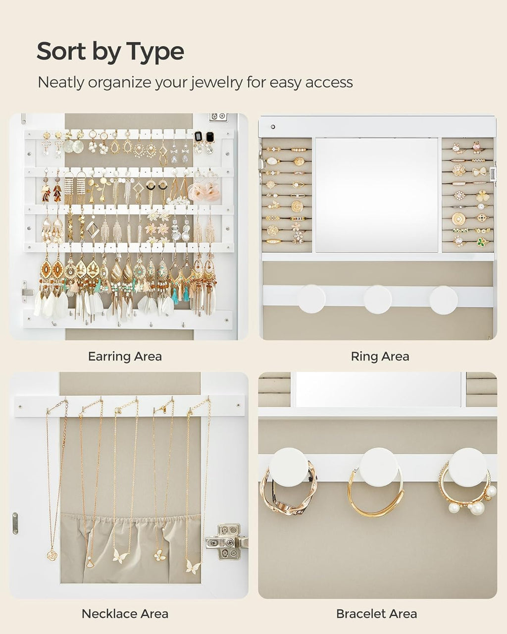 SONGMICS Jewelry Organizer, LED Jewelry Cabinet Wall/Door Mounted, Lockable Rounded Wide Mirror with Storage, Interior Mirror, 3.9 x 16.5 x 42.5 Inches, White Surface with Greige Lining