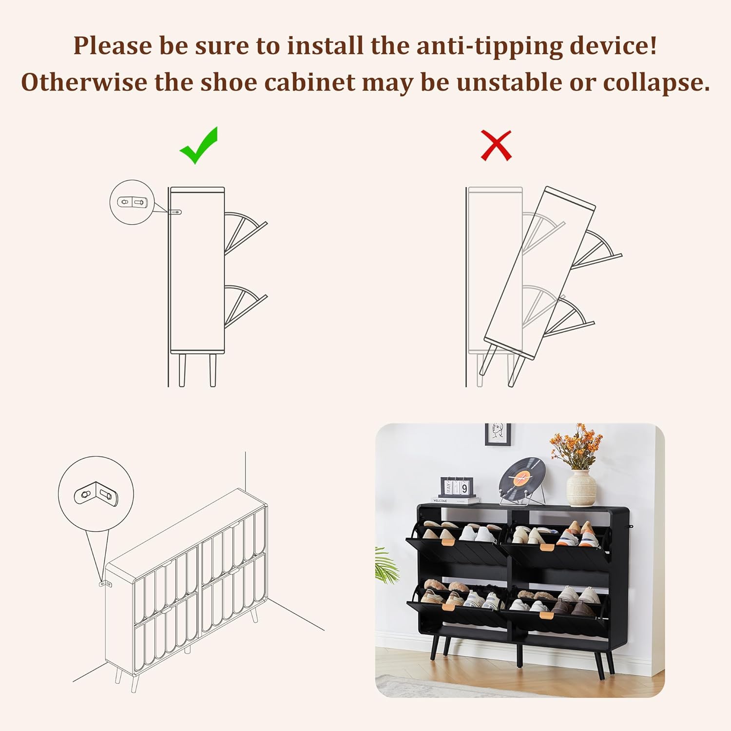 Shoe Storage Cabinet for Entryway with 4 Flip Drawers, Freestanding Narrow Wood Shoe Cabinet with Wave Panel, Hidden Shoe Organizer for Foyer, Hallway (Black)