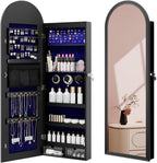 Jewelry Cabinet Organizer with Mirror, 47 inch Lockable Full-Length Mirror Jewelry Armoire Hanging Door/Wall Mounted with 6 LEDS, Arched Framed Mirror Cabinet with Storage, Gift for Women, Black