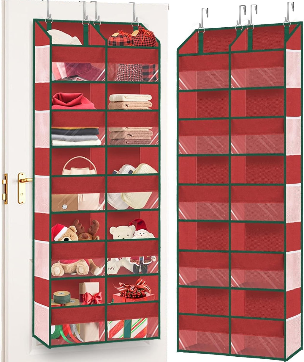 Christmas Over The Door Organizer 5 Tiers, Extra Large Behind Door Storage of 10 Compartments, 80 lbs Weight Capacity Hanging Storage Organizer with Clear Window Kids Toys, Shoes, Diapers, Red