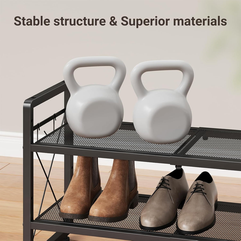 ELYKEN Expandable Shoe Rack for Closet, 2-Tier Metal Black Shoe Organizer | Adjustable Height Shoe Shelf for Boots, Heels, with 4 Hooks, Stackable Shoe Stand Holder for Entryway, Garage, Door Entrance