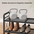 ELYKEN Expandable Shoe Rack for Closet, 2-Tier Metal Black Shoe Organizer | Adjustable Height Shoe Shelf for Boots, Heels, with 4 Hooks, Stackable Shoe Stand Holder for Entryway, Garage, Door Entrance