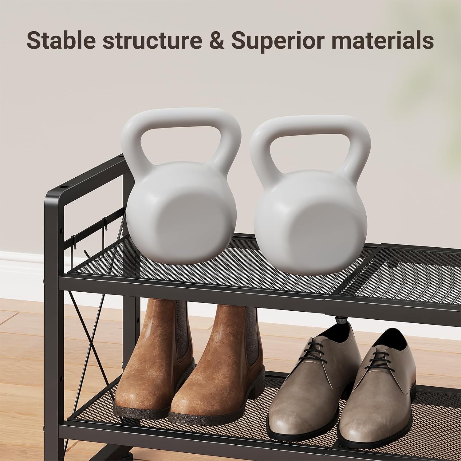ELYKEN Expandable Shoe Rack for Closet, 2-Tier Metal Black Shoe Organizer | Adjustable Height Shoe Shelf for Boots, Heels, with 4 Hooks, Stackable Shoe Stand Holder for Entryway, Garage, Door Entrance