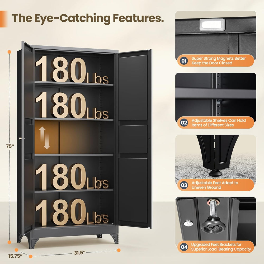 Yizosh Metal Pantry Cabinet, 75" Kitchen Pantry with 2 Door and 4 Adjust...