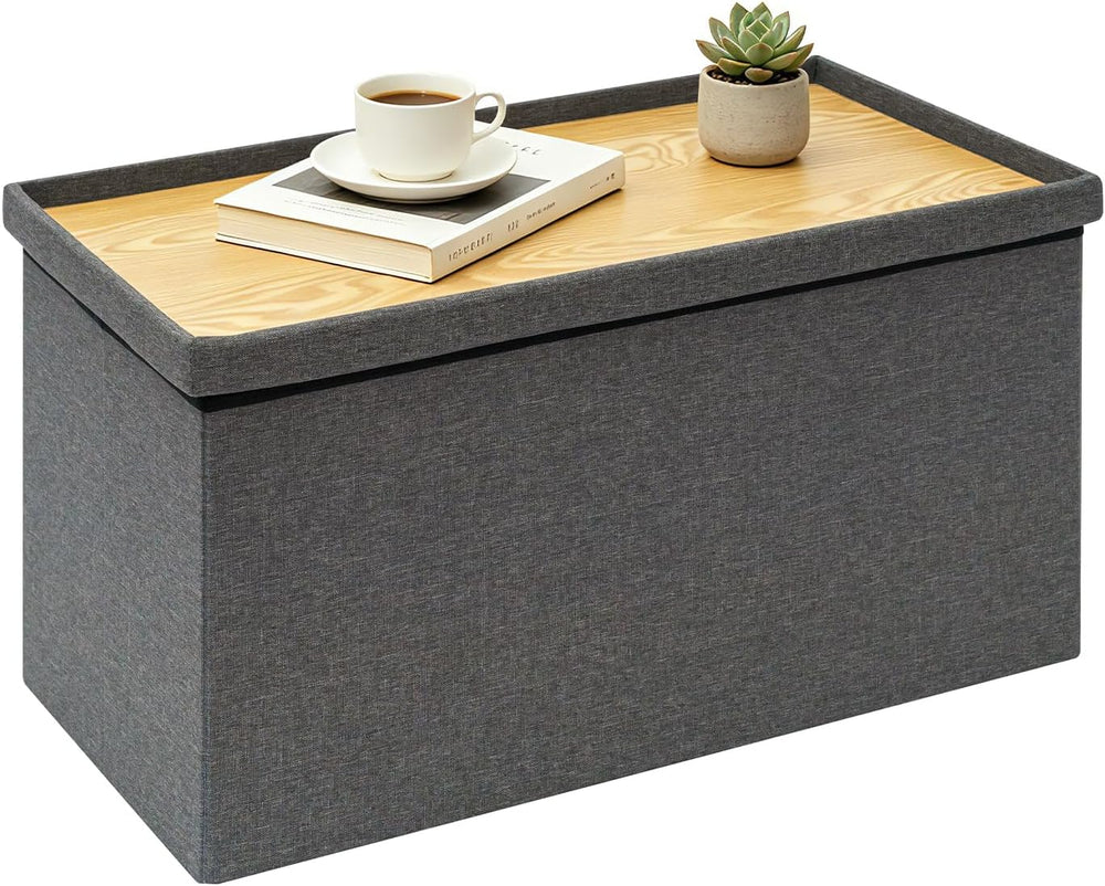 30 Inch Folding Storage Ottoman with Reversible Lid Coffee Table, Linen Fabri...