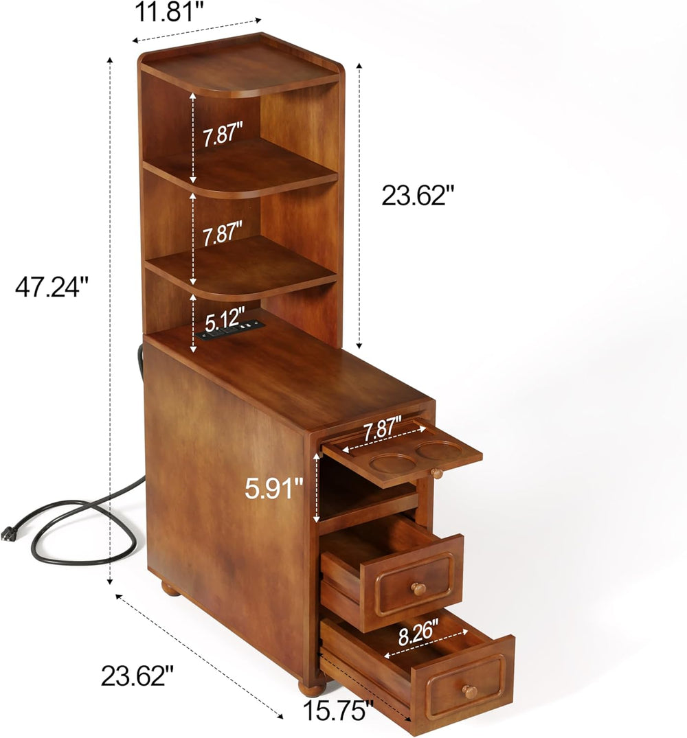 Solid Wood End Table with Charging Station and Reversible Corner Shelves, Tal...
