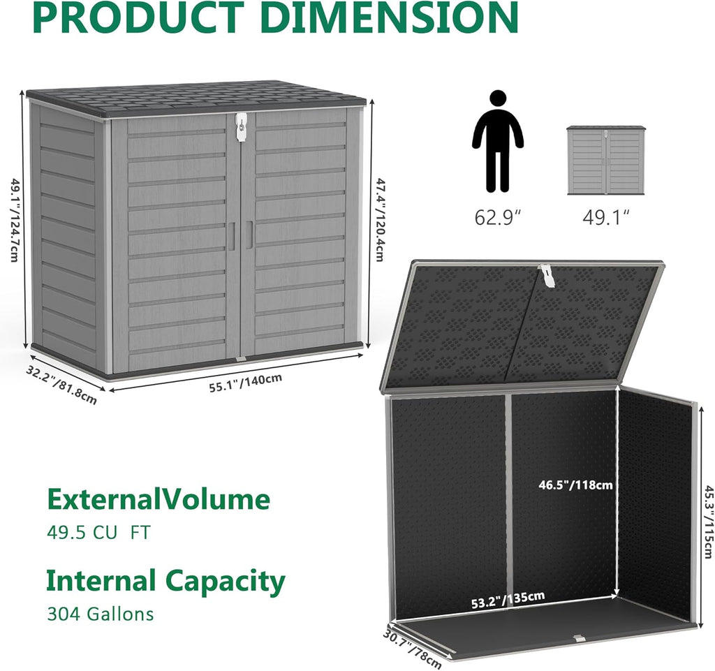Uhomepro 4.6 Ft. X 4.1 Ft Outdoor Horizontal Storage Shed, Resin Storage Shed with Double Lockable Doors, Ideal for Garbage Can Storage and Garden Tools, Strong Water Resistance