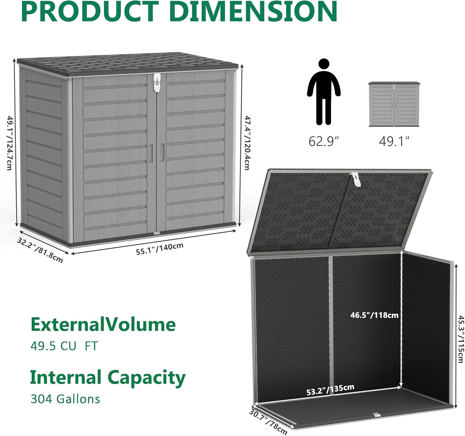 Uhomepro 4.6 Ft. X 4.1 Ft Outdoor Horizontal Storage Shed, Resin Storage Shed with Double Lockable Doors, Ideal for Garbage Can Storage and Garden Tools, Strong Water Resistance