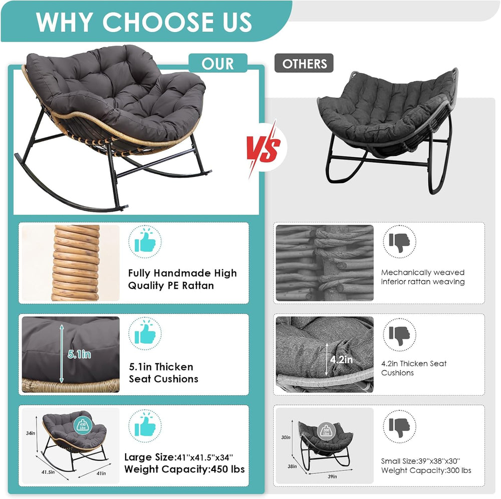 RADIATA Outdoor Papasan Rocking Chair with Cushion, Oversized Patio Lounge Ro...