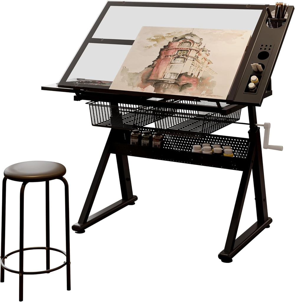 Drafting Table with Storage and Stool, Art Desk for Adults Hand Crank Adjusta...