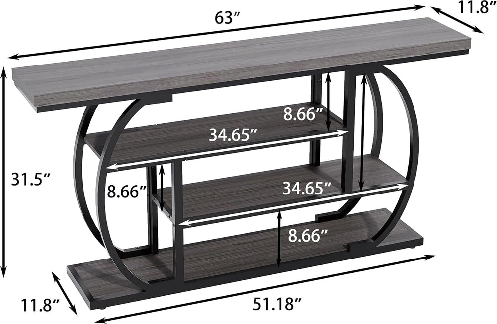 63” Industrial Console Table with 4-Tier Display Shelves, Narrow Long Sofa Ta...