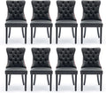 Leather Upholstered Dining Chairs Set of 8, Modern Style Kitchen Side Chairs with Nailhead Trim and Wood Leg, Metal Pulling Ring for Dining Room Living Room(Black&Wine Red)
