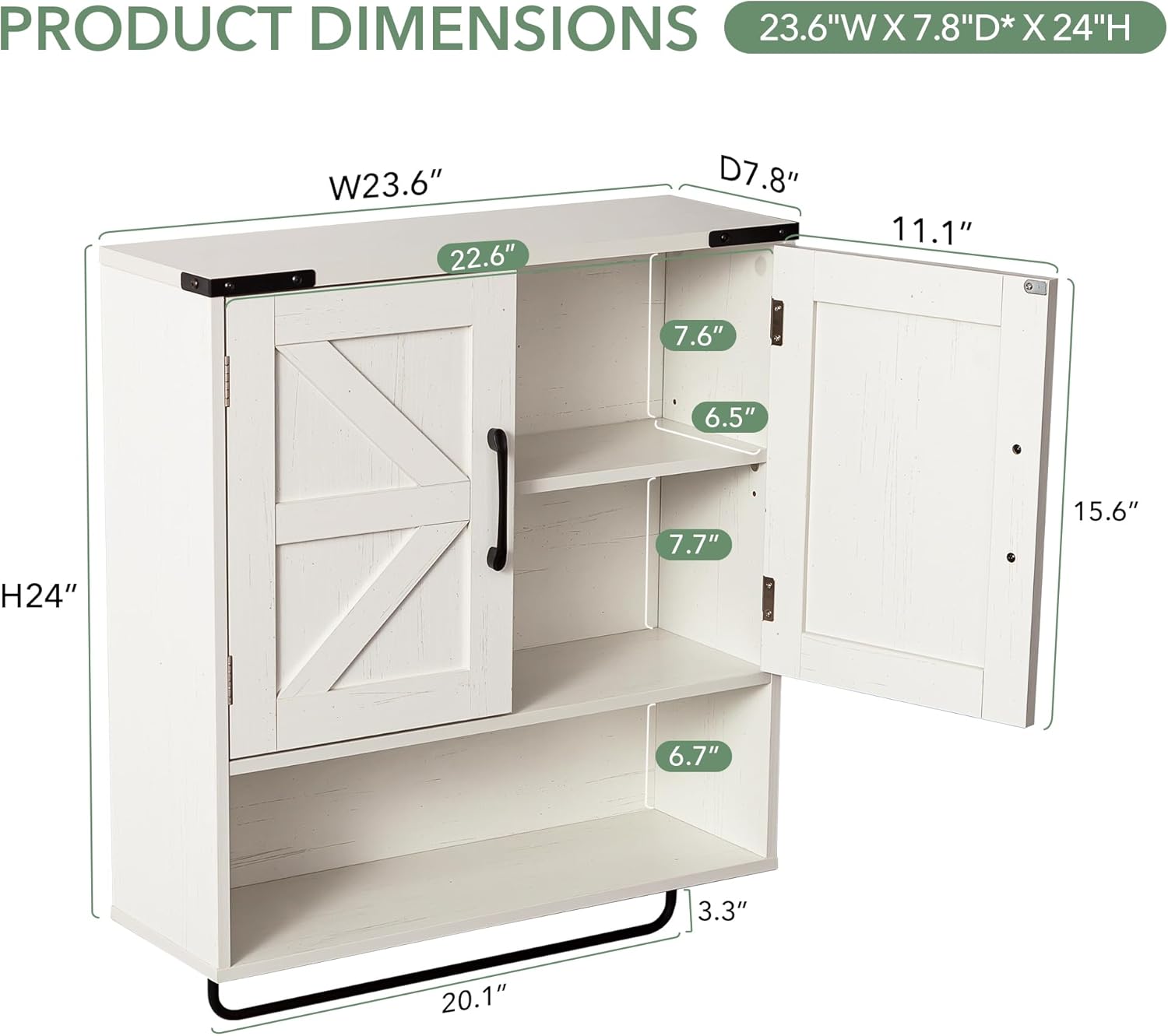 Bathroom Wall Cabinet Over Toilet 24x24 Inch Farmhouse Medicine Cabinet with Towel Bar, 2 Door, Motion Sensor Light & Adjustable Shelves, White Above Toilet Storage for Laundry or Kitchen