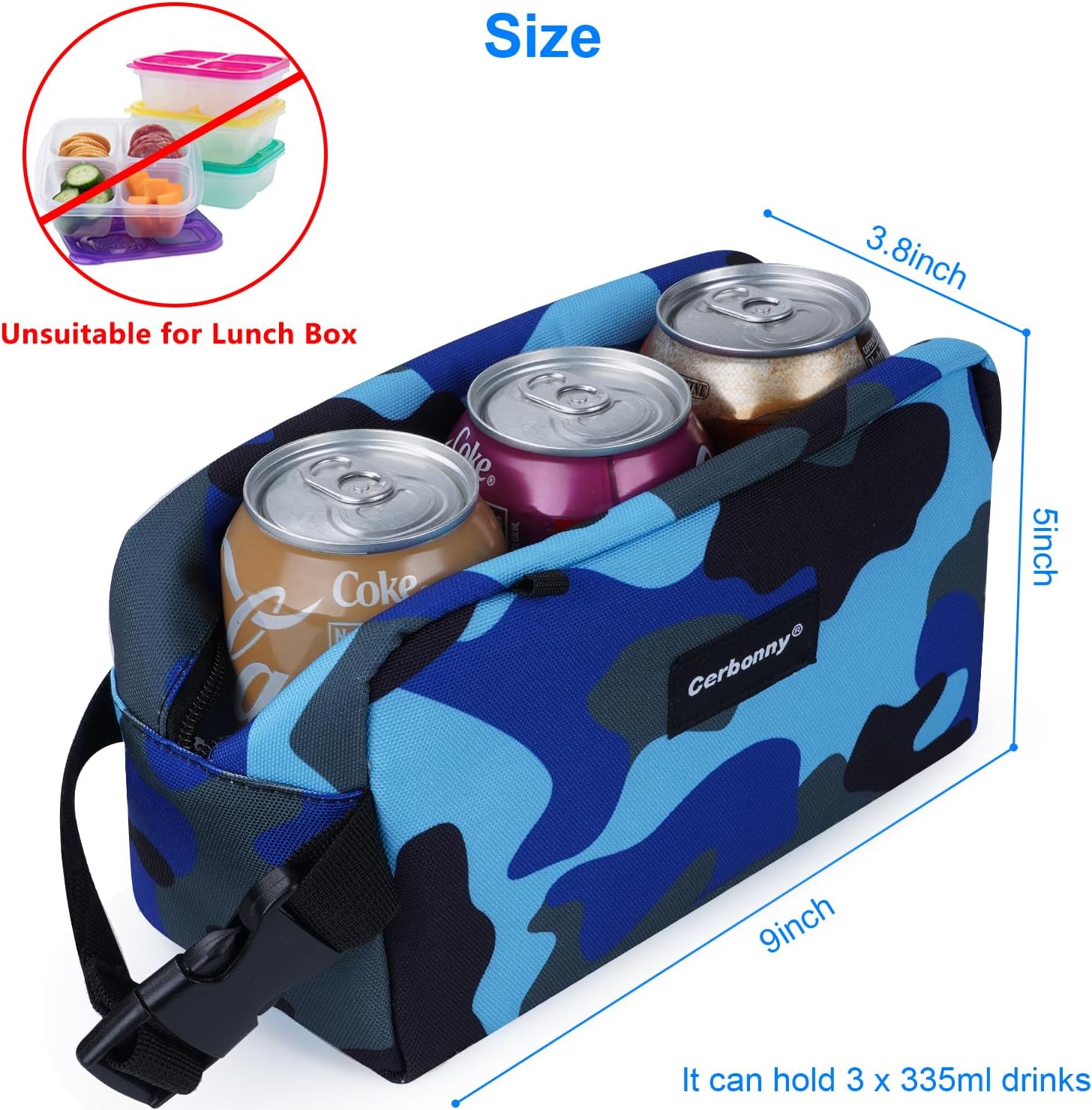 Cerbonny Small Insulated Cooler Bag, Freezable Lunch Bag for Work School Travel, 2.2L, Blue Camo