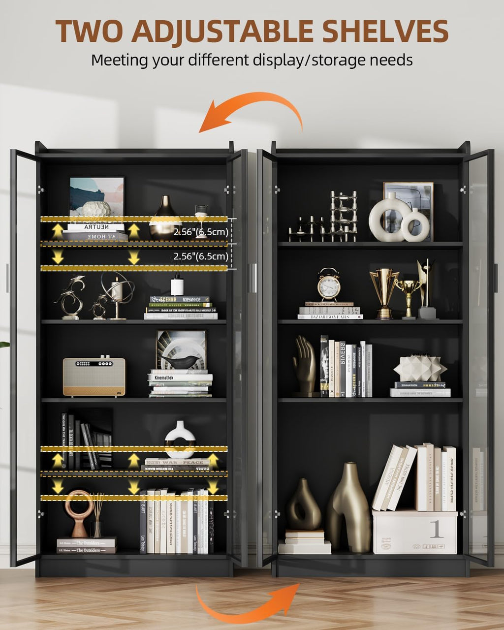 Display Cabinet with Glass Doors and Shelves, 65" Tall Curio Cabinet with LED Lights/Human Sensor, 5 Tier Display Case for Collectibles Bedroom Living Room Office, Black