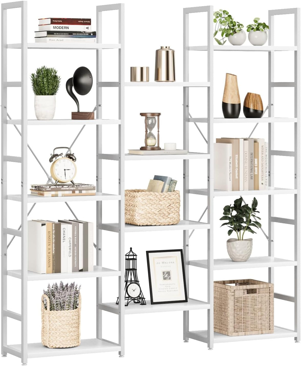 NUMENN Triple Column 5 Tier Bookshelf with 14 Adjustable Shelves, White | Metal Frame & Wood Shelves, Open Freestanding Storage Unit with Supporting Bars for Bedroom, Living Room and Home Office