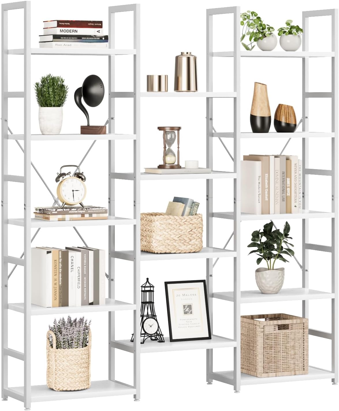 NUMENN Triple Column 5 Tier Bookshelf with 14 Adjustable Shelves, White | Metal Frame & Wood Shelves, Open Freestanding Storage Unit with Supporting Bars for Bedroom, Living Room and Home Office