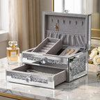 Mirrored Jewelry Box for Women,2-Layer Glass Jewelry Organizer with Lid & 1 Drawer, Silver Crushed Diamond Home Decor, Gift Idea for Her (9.3" L x 6.3" W x 5.1" H)