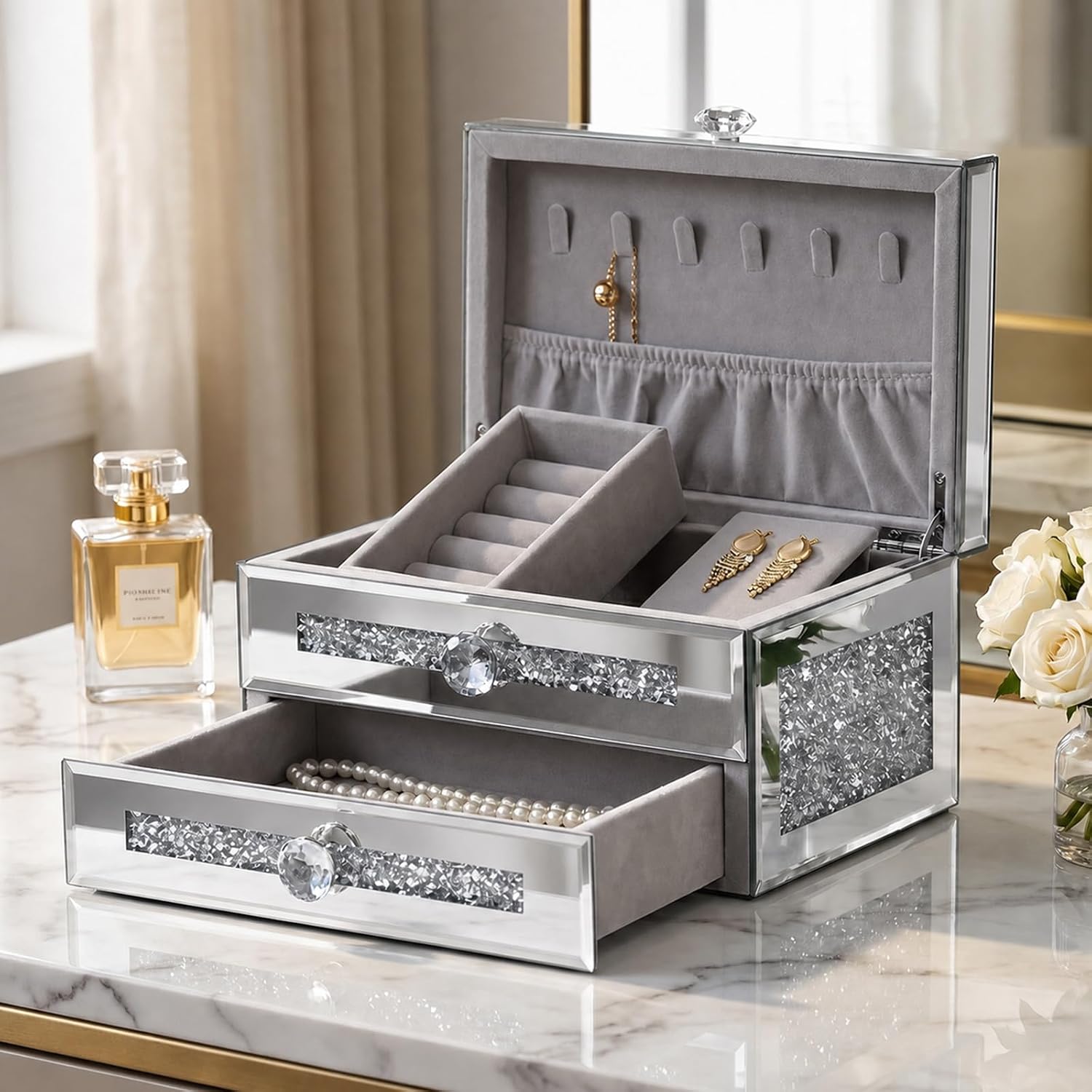 Mirrored Jewelry Box for Women,2-Layer Glass Jewelry Organizer with Lid & 1 Drawer, Silver Crushed Diamond Home Decor, Gift Idea for Her (9.3" L x 6.3" W x 5.1" H)