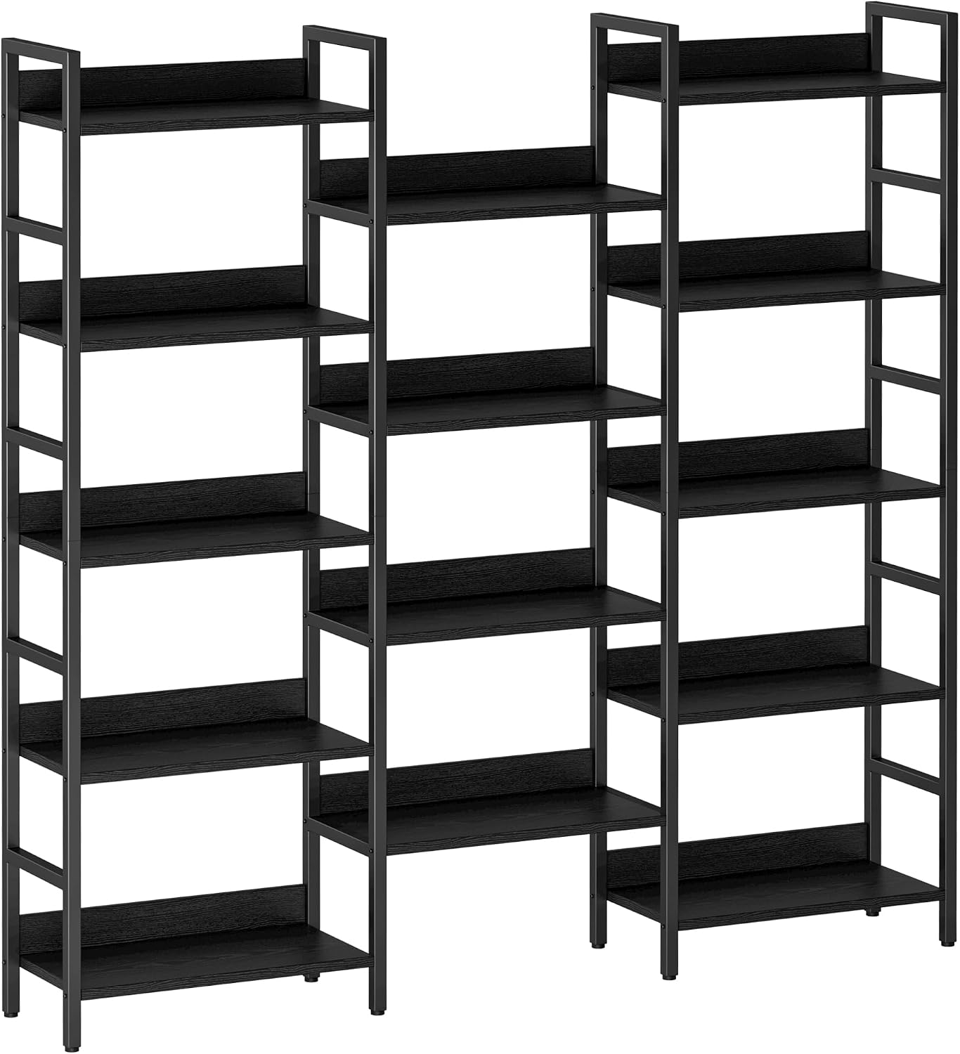 IRONCK Triple Wide 5-Tier Bookshelf with Metal Frame, Vintage Black | Back Panels Prevent Items from Falling, Sturdy Metal Frame Construction, Suitable for Living Room, Home Office