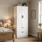 WOODTIME 70.9" Tall Armoire Wardrobe Closet with 2 Drawers, 2 Doors & Hanging Rod, 31.5" W Farmhouse Wooden Wardrobe Clothes Storage Cabinet for Bedroom Apartment, White