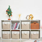 12 x 12 Inch Cube Storage Bins, 6 Pack Large Collapsible Fabric Storage Bin with Ropes, Foldable Storage Cubes for Home, Office,Closet, Clothes, Toys Organizer (White & Beige)