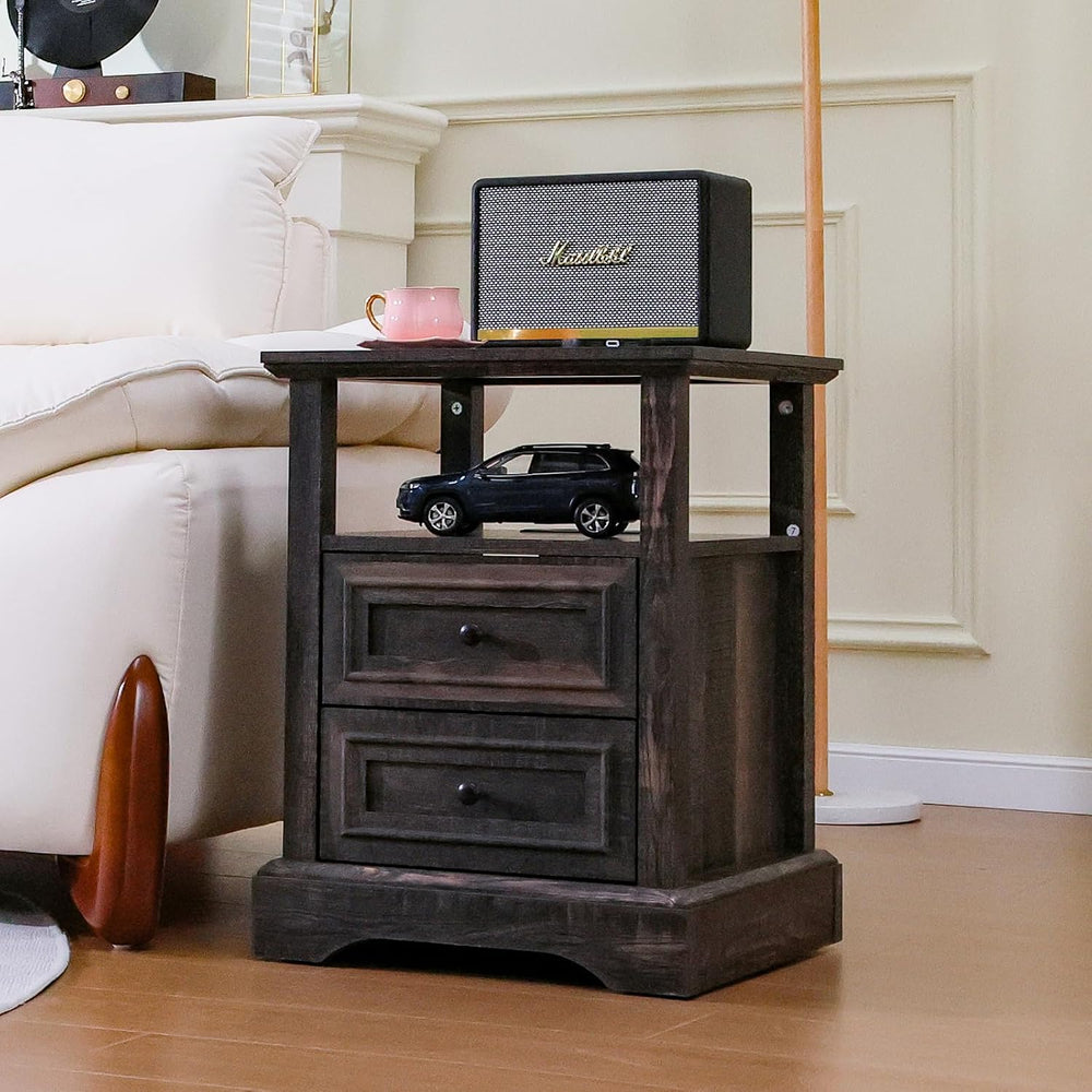 ALBAD Farmhouse Nightstand with Charging Station Rustic Bedside Table with 2 ...