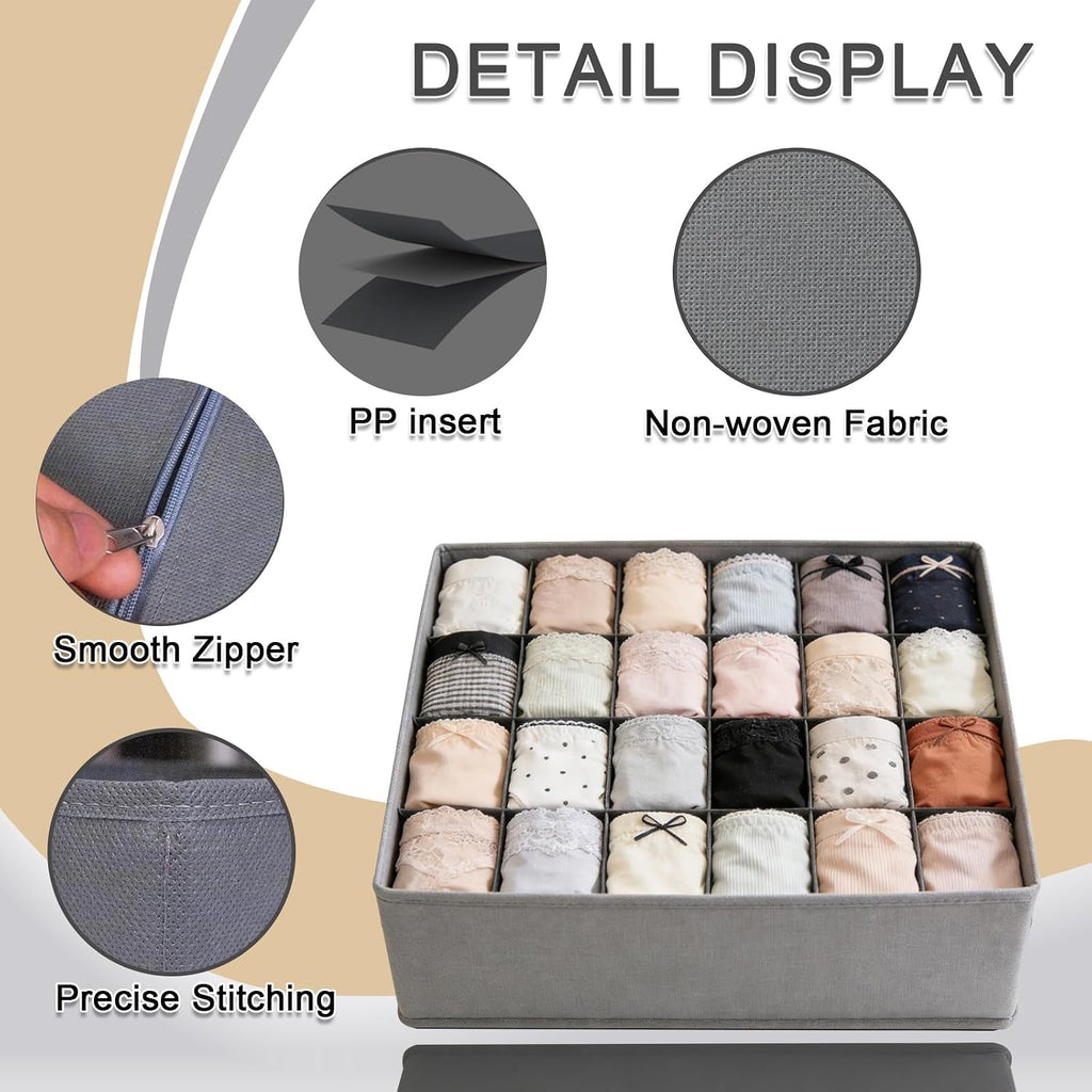 Sock Organizer Drawer Organizer,24 Compartment Foldable Storage,Closet Dividers for Underwear, Socks, Bras, Scarves, Ties, Grizzly