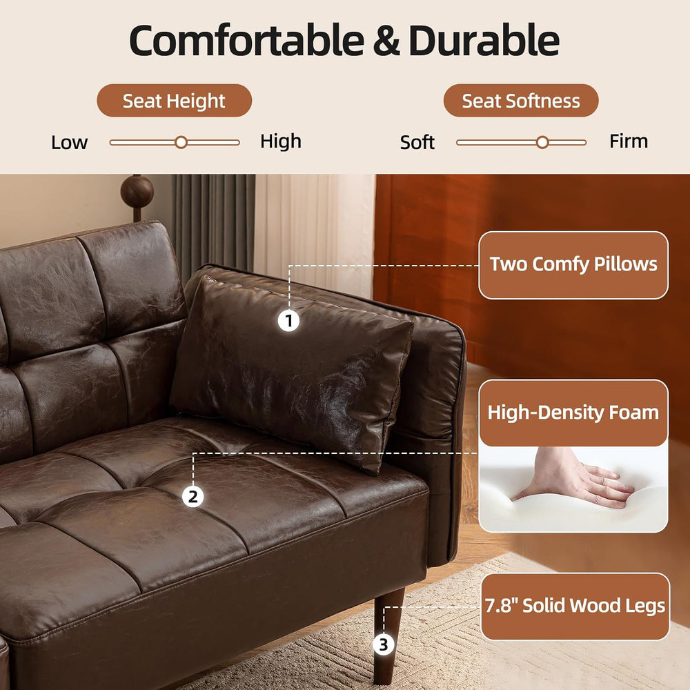 HALLYBEE 85" Futon Faux Leather Couch with Adjustable Armrests Coffee Br...