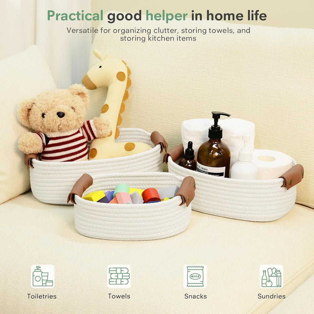 ECDYQXVU Small Woven Storage Baskets Cute Cotton Rope Basket Set 5 Pack | 5 Sizes Set, Leather Handles, Keeps Shape, Easy to Clean, Living Room, Bathroom, Drawer Organizer, Socks, Cosmetics, Decor