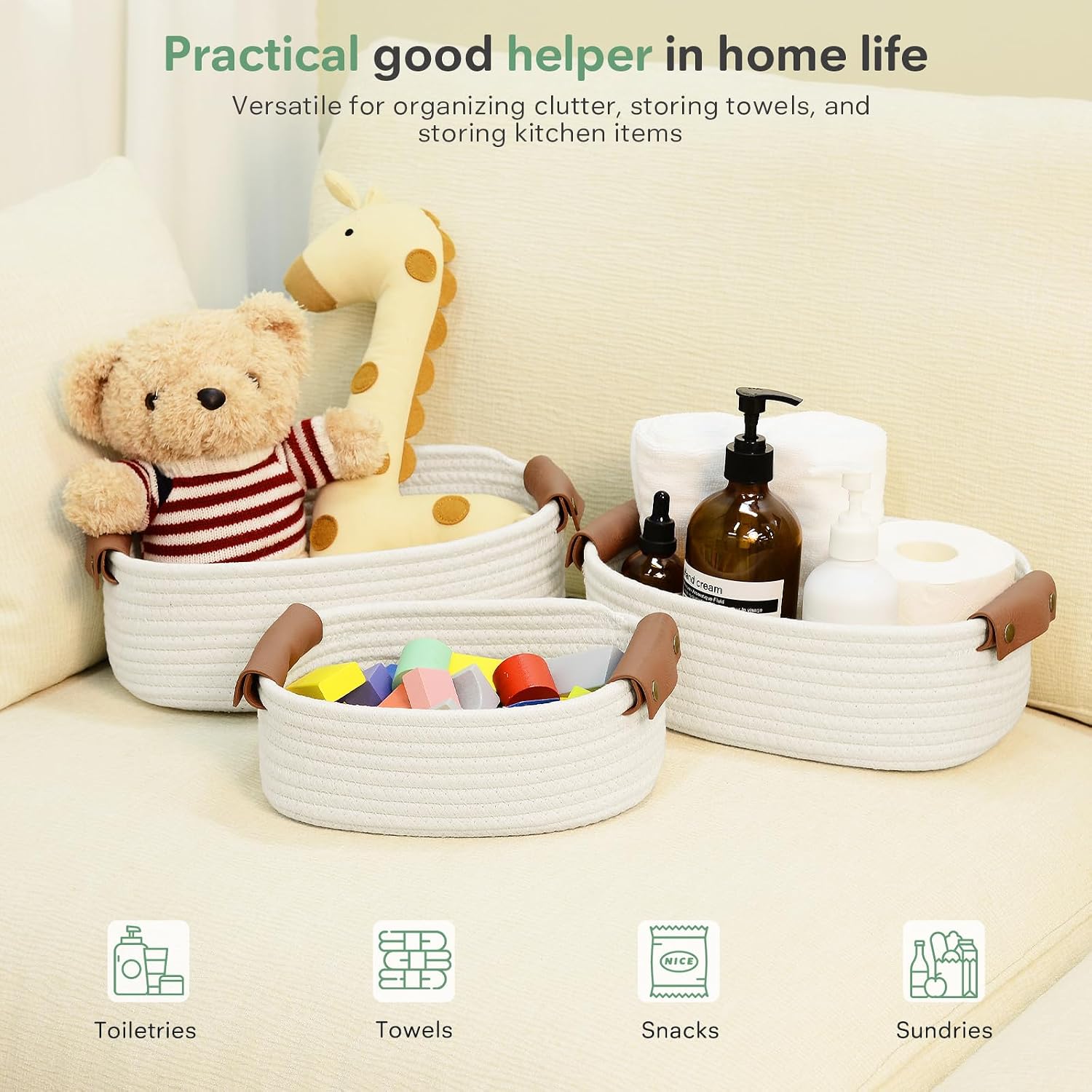 ECDYQXVU Small Woven Storage Baskets Cute Cotton Rope Basket Set 5 Pack | 5 Sizes Set, Leather Handles, Keeps Shape, Easy to Clean, Living Room, Bathroom, Drawer Organizer, Socks, Cosmetics, Decor