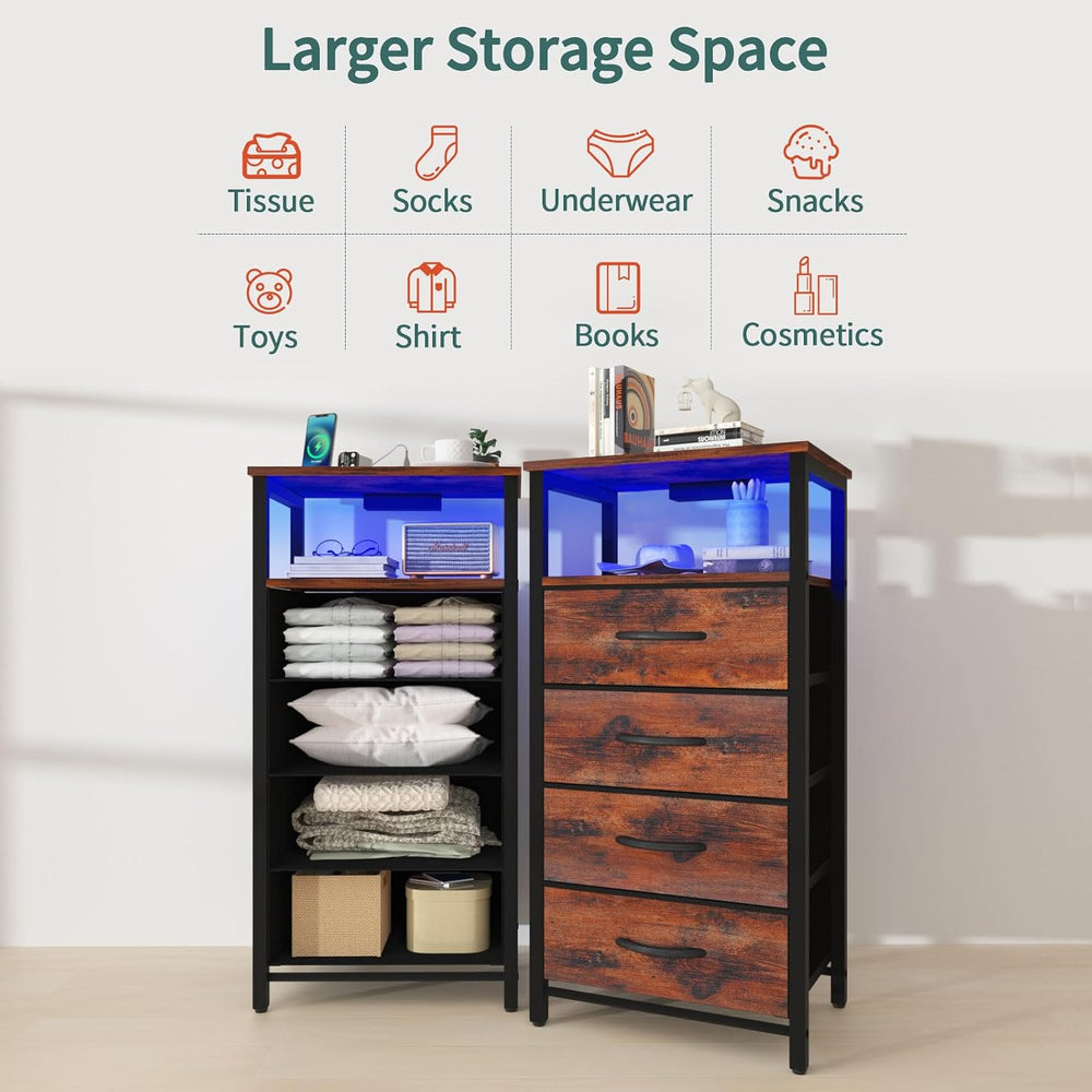 Yoobure Night Stand - LED Rustic Nightstand with Charging Station for Dorm | ...