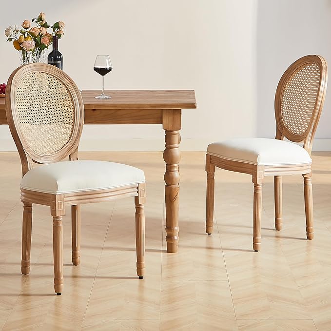 French Country Dining Chair Set of 2, Vintage Chic Woven Rattan, Upholstered and Carved Wooden Frames, Beige Linen Fabric, Lightweight, Sturdy, Ideal for Dining Room, Kitchen, Living Room, Bedroom