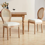 French Country Dining Chair Set of 2, Vintage Chic Woven Rattan, Upholstered and Carved Wooden Frames, Beige Linen Fabric, Lightweight, Sturdy, Ideal for Dining Room, Kitchen, Living Room, Bedroom