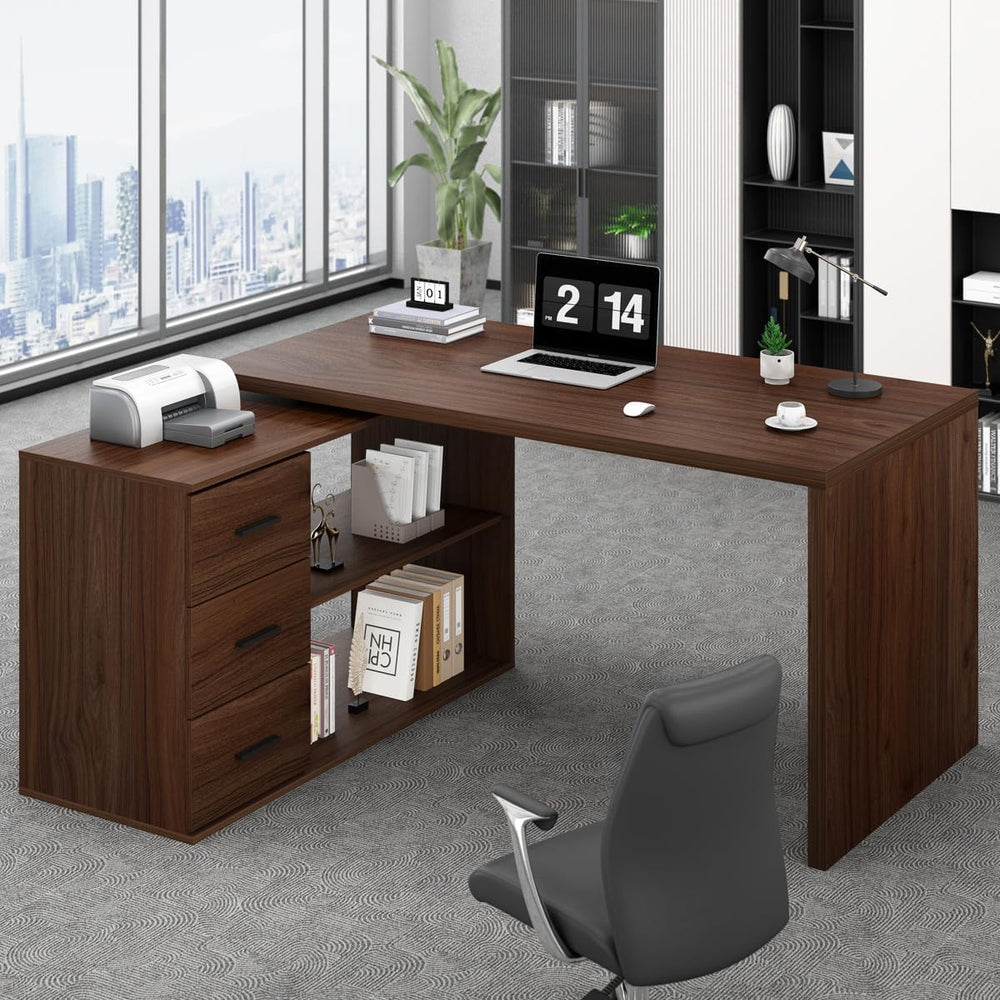 HSH Walnut L Shaped Desk Corner Desk with 3 Storage Drawers 55 inch