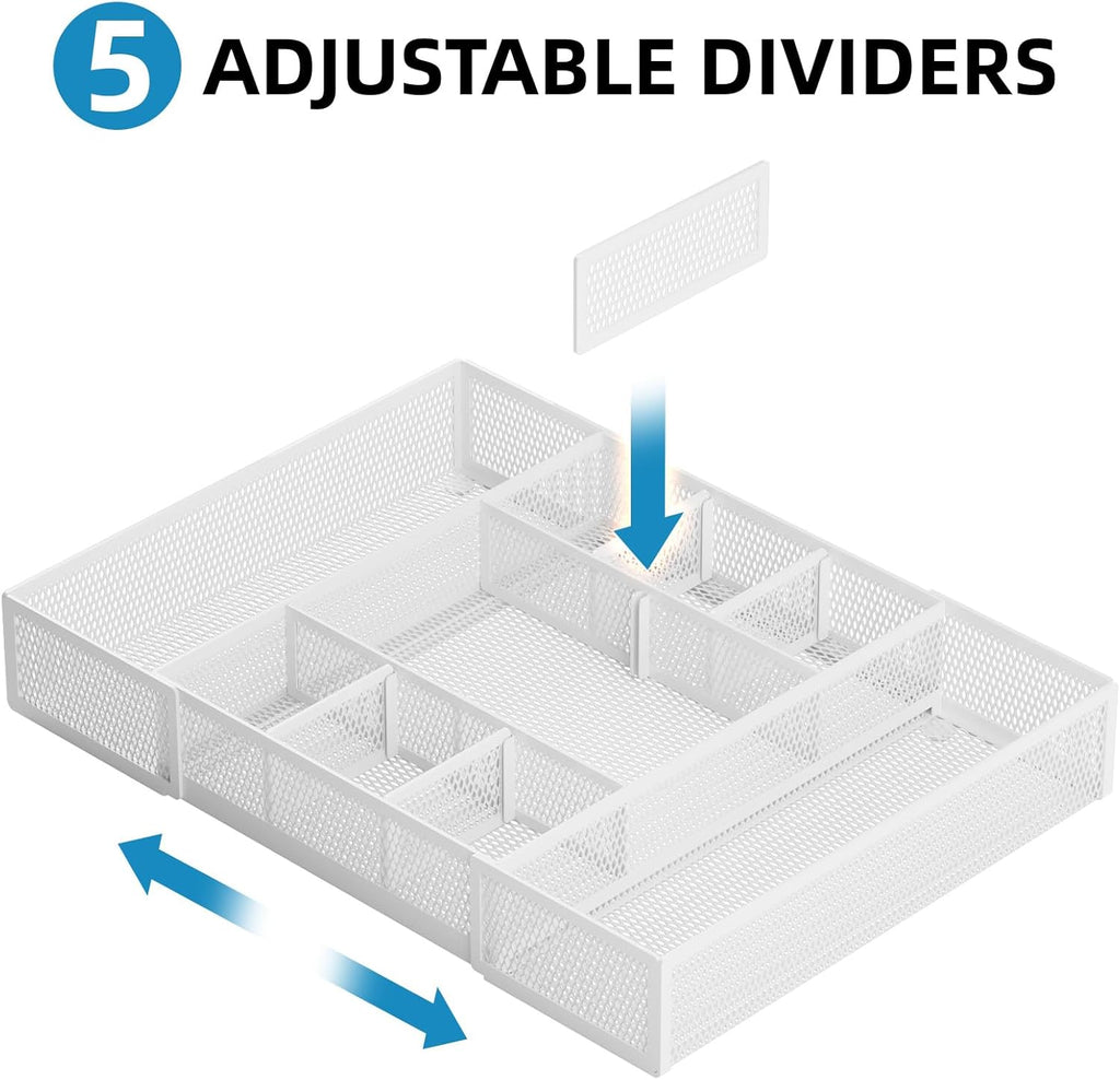 Marbrasse Expandable Desk Drawer Organizer, Mesh Drawer Organizer Tray with 10 Adjustable Compartments, Desk Organizers and Accessories for Office Supplies, Makeup & Vanity (Expandable White-2 pack)