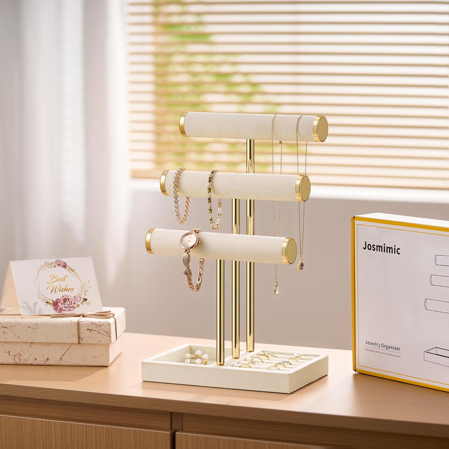 Bracelet Holder Jewelry Organizer Display - 3 Tier T Bar Velvet Stand, Beige Jewelry Storage for Bracelet, Necklaces, Watches