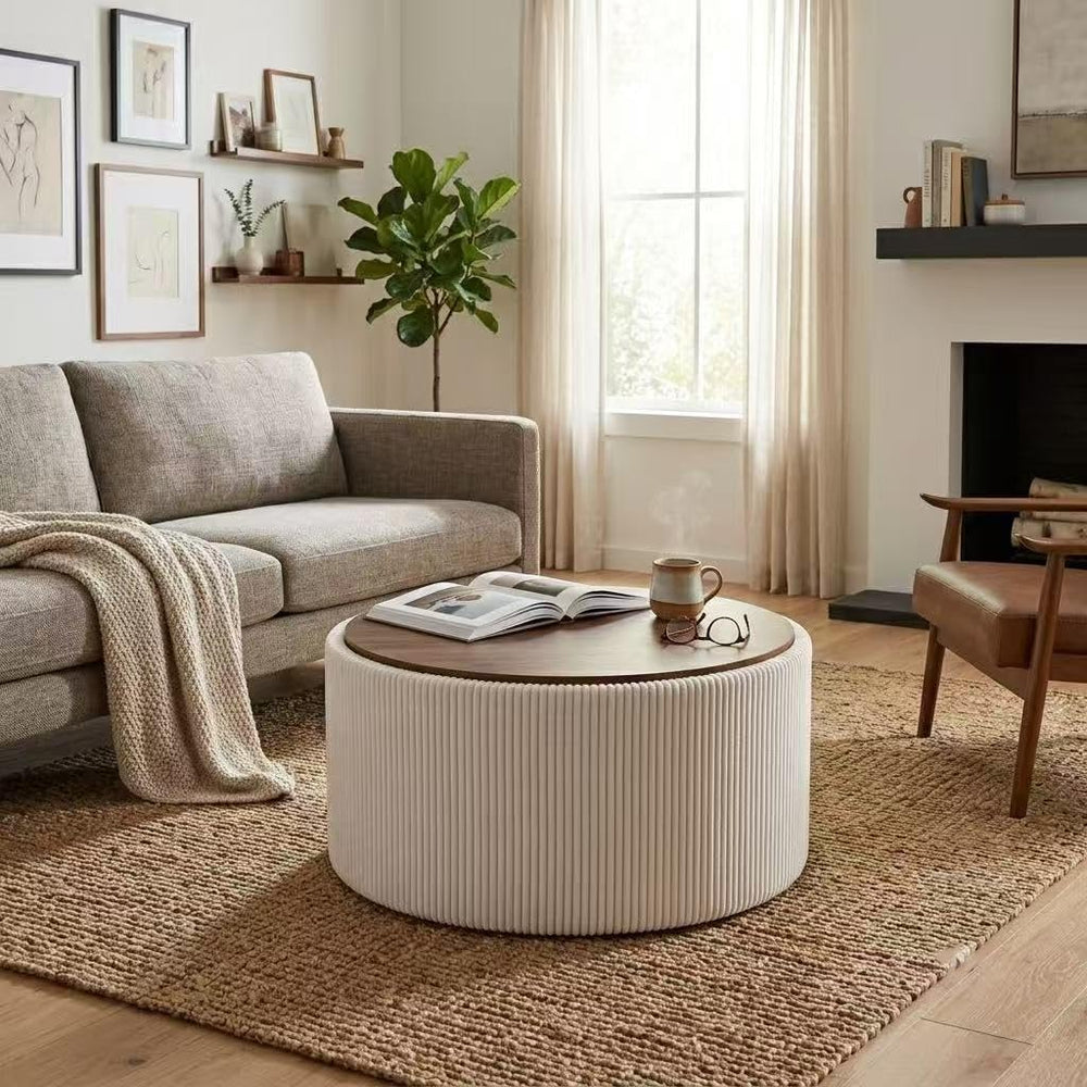 28” Round Storage Ottoman, Ottoman Coffee Table with Tray, Corduroy | Modern ...