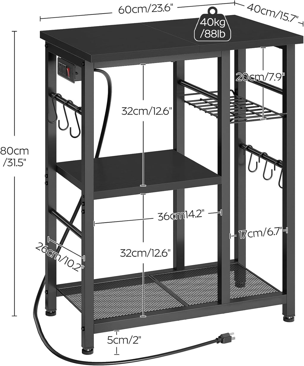 YATINEY Movable Bakers Rack, Microwave Stand with Charging Station, Kitchen Storage Rack with Hooks and Basket, Casters and Adjustable Feet, for Small Space, Kitchen, Dining Room, Black HB04UBB