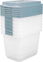 Hefty HI-RISE 32 Qt Stackable Storage Bins with Lids – 6 Pack Clear Plastic Under Bed Storage Containers, Shoe Organizer Boxes with XL Lid-Locking Latches, Comfort-Grip Handles, Durable Double Rim