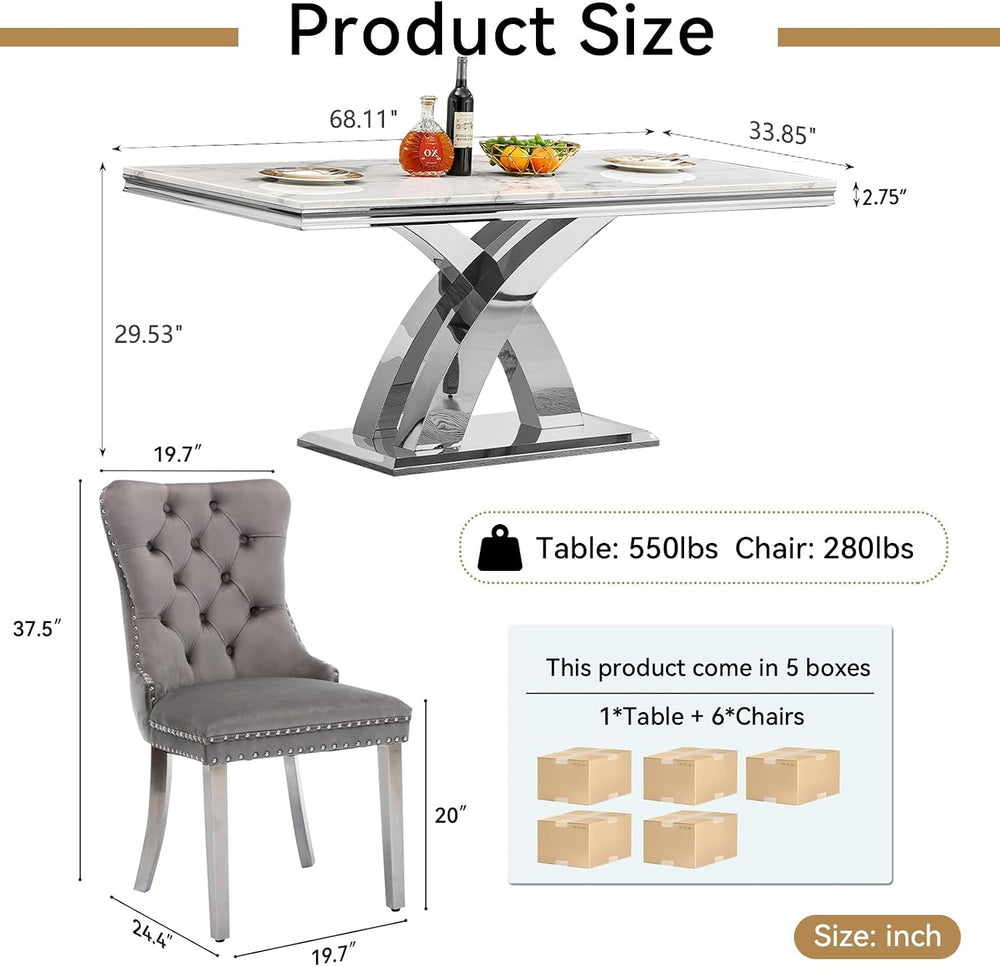 Henf 68" Faux Marble Dining Table Set for 6, 7 Piece Marble Dining Table...